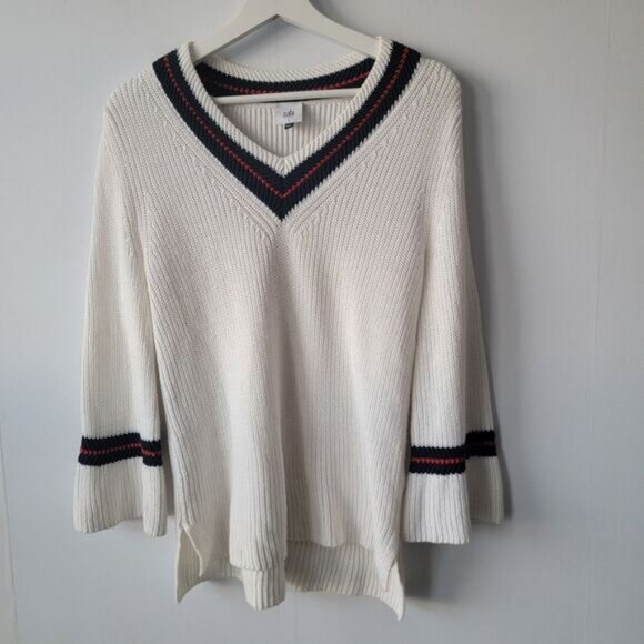 Sweaters - Cabi womens Faye Lace Bell Sleeve V-Neck White Sweater size S ivy league